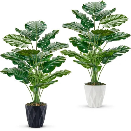 2 Pack 28" Realistic Artificial Monstera Plants Faux Indoor Greenery with White and Black Pots for Home Office Living Room Decoraction | Walmart (US)