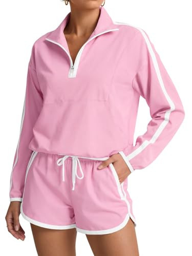 Fisoew Womens 2 Piece Outfits Sets Half Zip V Neck Long Sleeve Pullover Tops Shorts Casual Tennis Running Tracksuits | Amazon (US)