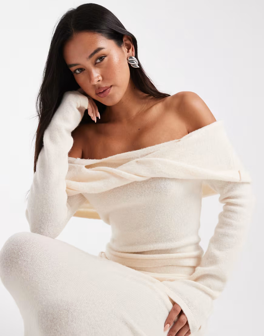 4th & Reckless knit twist detail off shoulder sweater in cream -set-White | ASOS (Global)