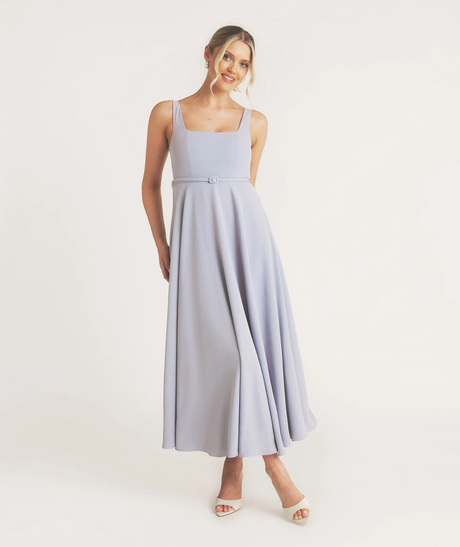 Square Neck Belted Midi Dress - Pale Blue | Six Stories