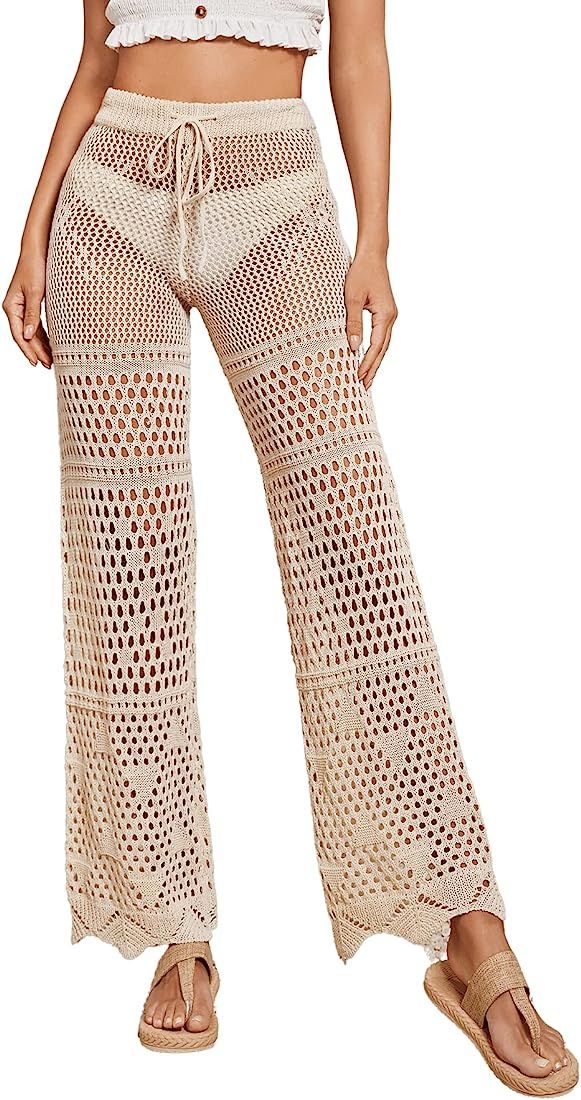 MakeMeChic Women's Cover Up Pants Drawstring Crochet Knitted Sheer Beach Cover Up Pants Swimwear | Amazon (US)