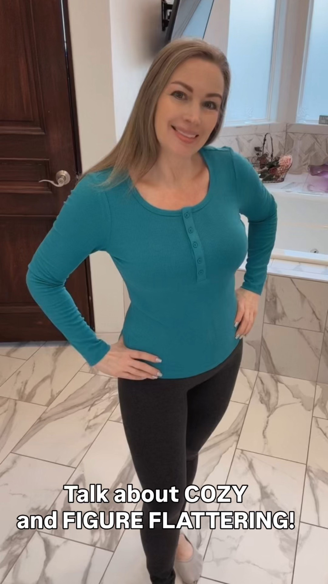 I'm so happy I found these! They've been wonderful for my days at home practicing Pilates and just relaxing comfortably. Both pieces really flatter my figure!  
The Lou & Grey high-rise essential leggings give my menopausal belly and backside a nice shape. I usually don't go out without covering my bottom half unless I wear compression workout pants, but honestly, I’d happily step out in these as they are. 
I thought this top from Pretty Garden might be too tight, but it is just right—it’s soft, has a silky feel that I has stretch to it, very flattering, and I love it. The scoop neck adds a nice touch, and even though the buttons can be undone, I prefer to keep them buttoned up.
i’m wearing a size small in both the leggings and the top. ￼

#LTKOver40 #LTKActive #LTKdayinmylife