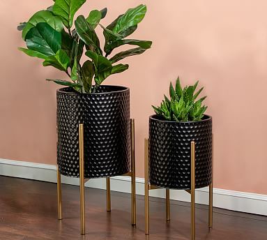 Bella Black Patterned Raised Planters with Gold Stand, Set of 2 | Pottery Barn (US)