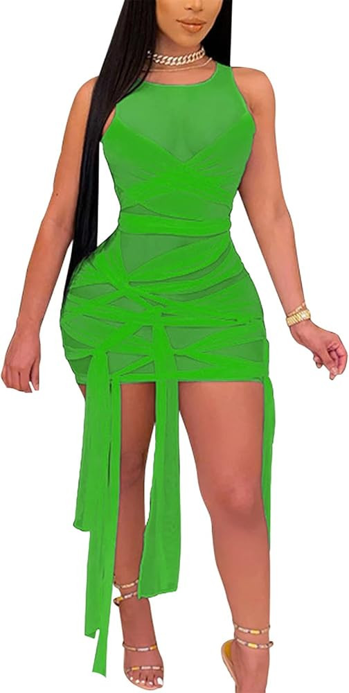 Women Summer Sexy Ruched Bodycon Sleeveless Slit Party Dresses | Amazon (US)