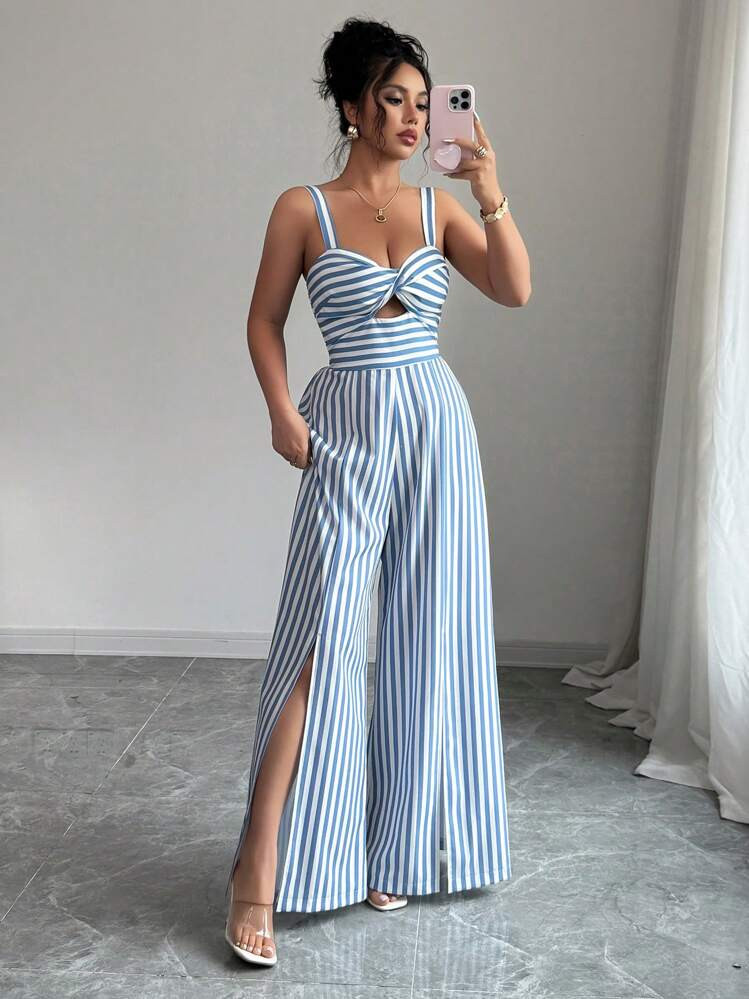Elenzga Women Blue & White Striped Sleeveless Jumpsuit | SHEIN