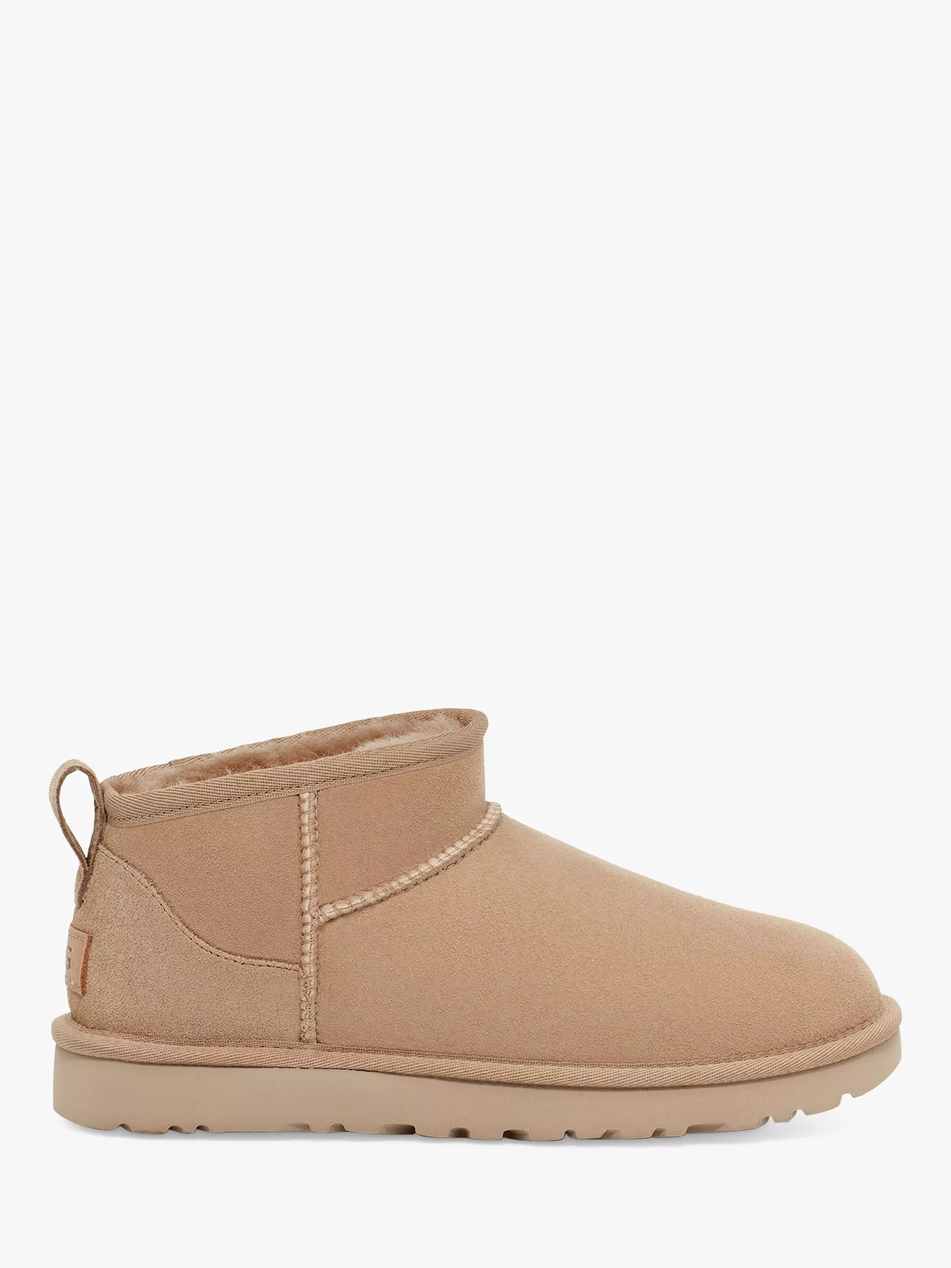 UGGClassic Ultra Mini Sheepskin and Suede Ankle Boots, Sand | John Lewis (UK)