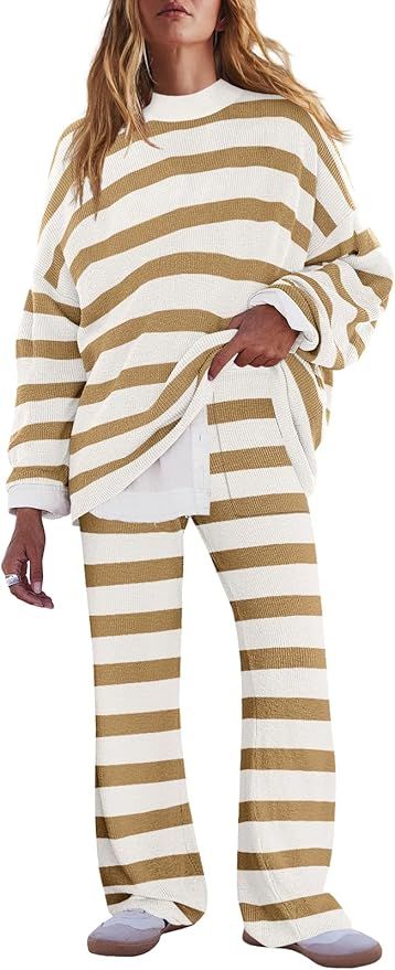 LAMISSCHE Oversized Womens Lounge Set Striped Sweater Set Long Sleeve 2 Piece Pajama Set Top and ... | Amazon (US)