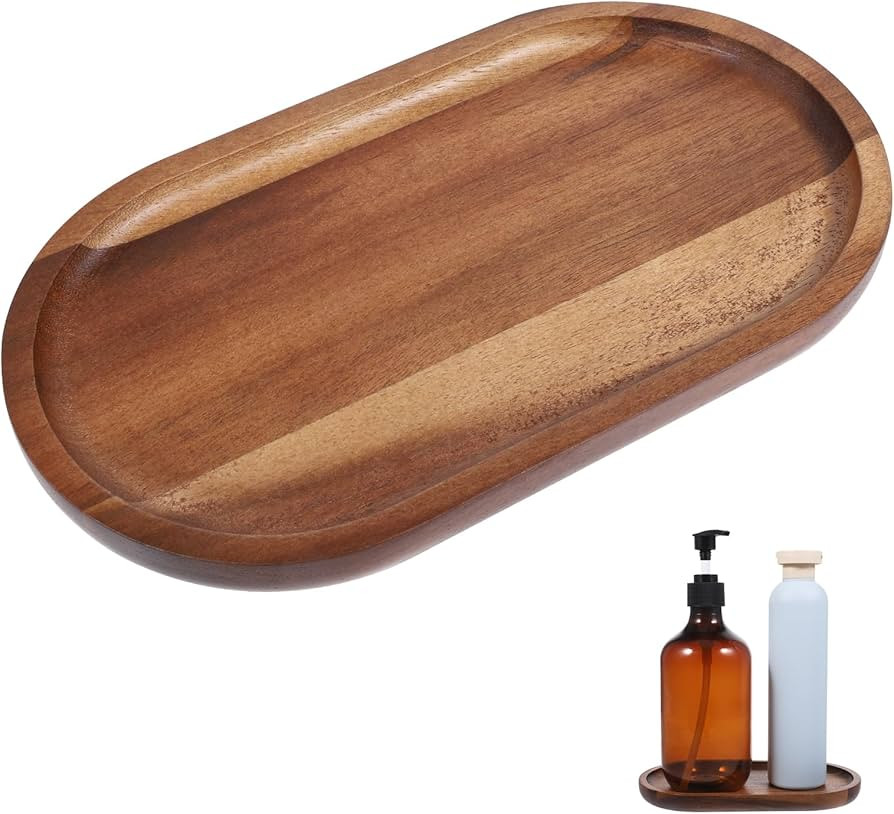 Small Wooden Serving Tray, Mini Acacia Wood Platters for Coffee Bar, Bathroom Counter, Kitchen Co... | Amazon (US)