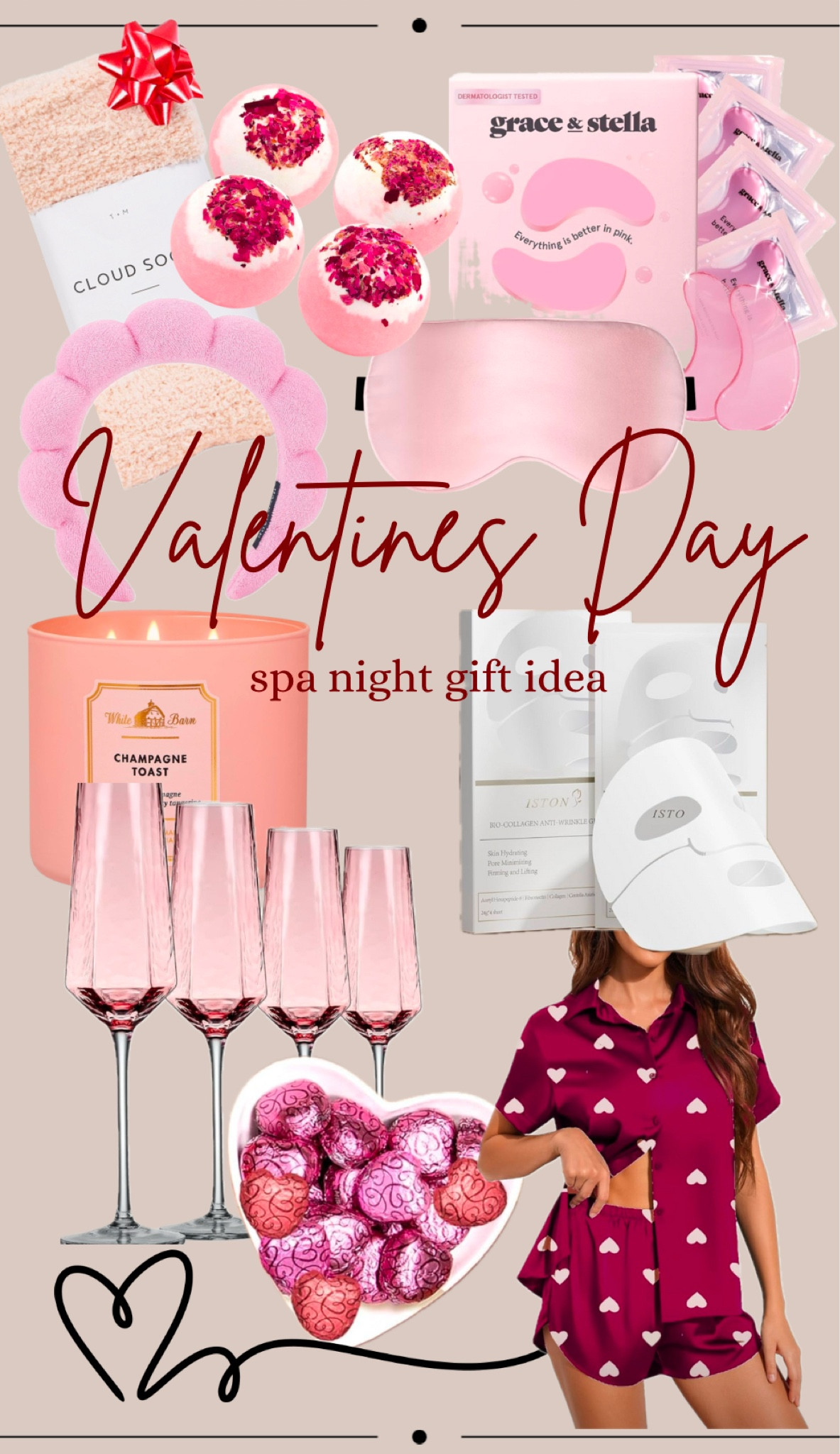 At home spa night for Valentines Day! Amazon has everything you need for a perfect relaxing night in. Floral bath bombs, collagen mask, pink under eye patches, silk sleeping mask, chocolate hearts, pink candle, fuzzy socks, valentines silk pajamas