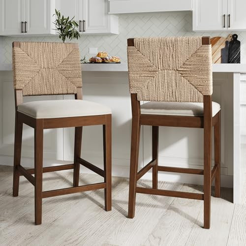 Nathan James Beacon Bohemian Boucle Bar Stool, Upholstered Bar Stool or Island Chairs for Kitchen, Seagrass Counter Height Stool with Back and Solid Wood Legs, Cream Boucle/Dark Brown, Set of 2 | Amazon (US)