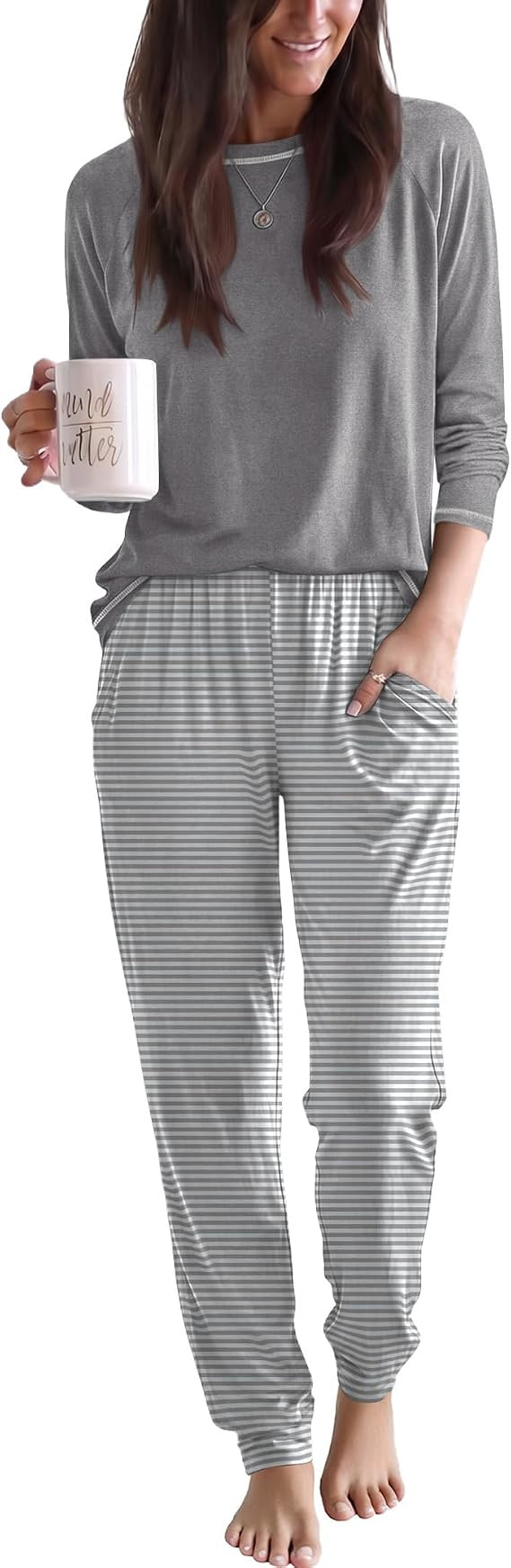 Ekouaer Women Pajama Set Jogger Sleepwear Long Lounge Set with Pocket | Amazon (US)