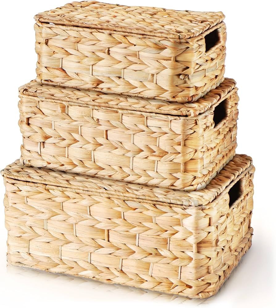 Wicker Storage Baskets with Lids, 14 Inch Set of 3 Lidded Baskets, Decorative Rattan Storage Boxes, Mix Weave Water Hyacinth Boxes for Laundry, Shelves, Pantry, Toy Storage | Amazon (US)
