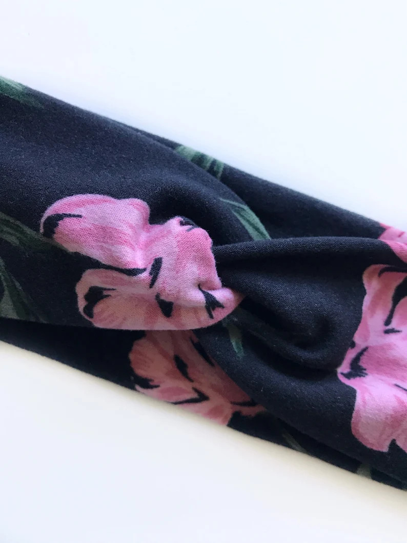 Black & Pink Floral Twist/Turban Headband | Etsy (US)