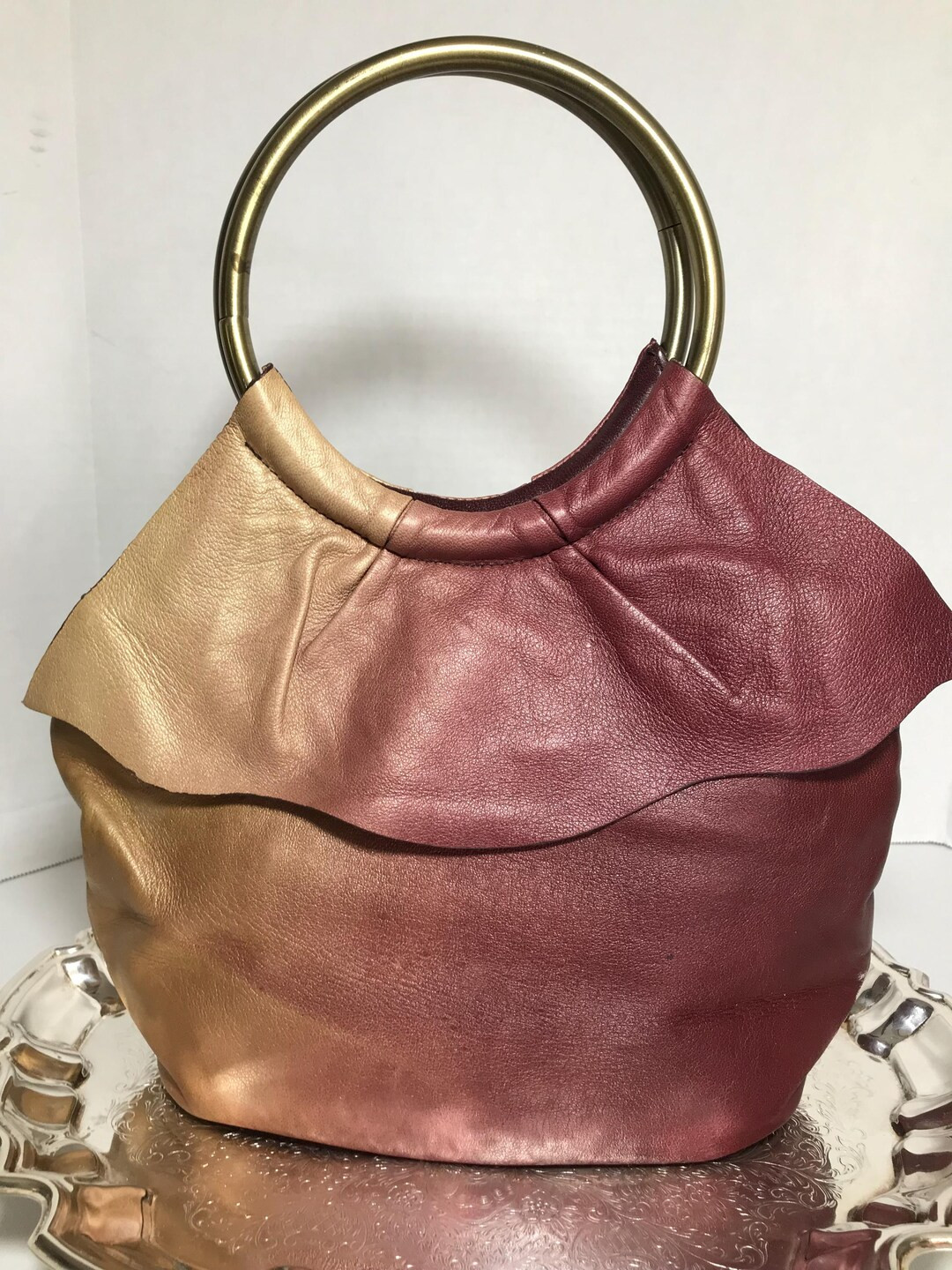 Vintage Leather Handbag Purse With Brass Round Handle, Vtg Taupe and Eggplant Gradient Leather Ha... | Etsy (US)