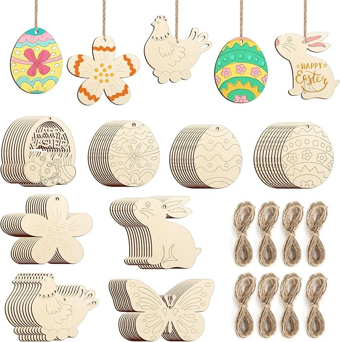 80PCS Wooden Easter Ornaments to Paint, 8 Styles DIY Blank Unfinished Wood Cutouts Ornament for C... | Amazon (US)