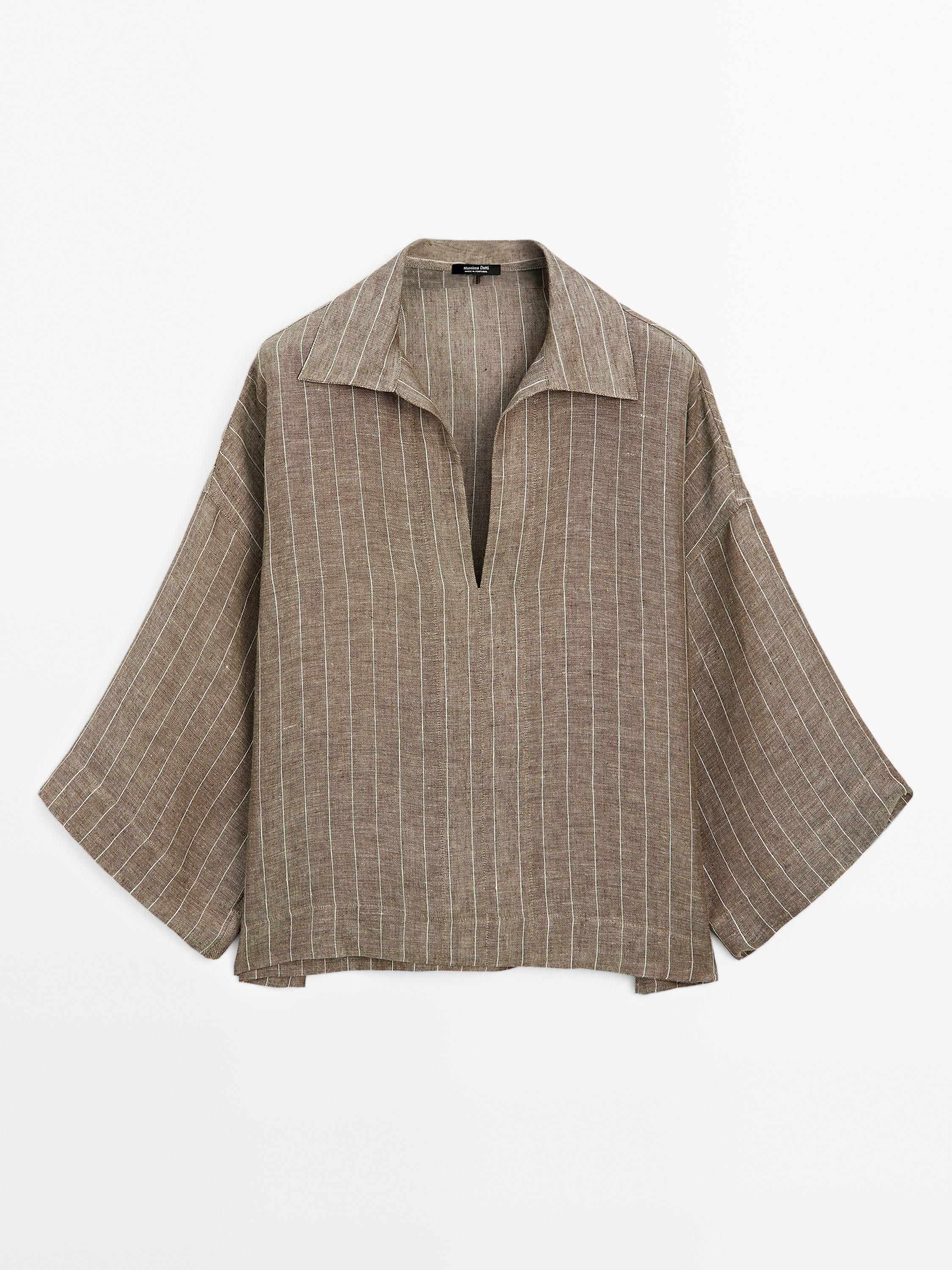 Blouse made of 100% linen fabric. Wide long sleeve. Open shirt collar. Wide and relaxed silhouett... | Massimo Dutti UK