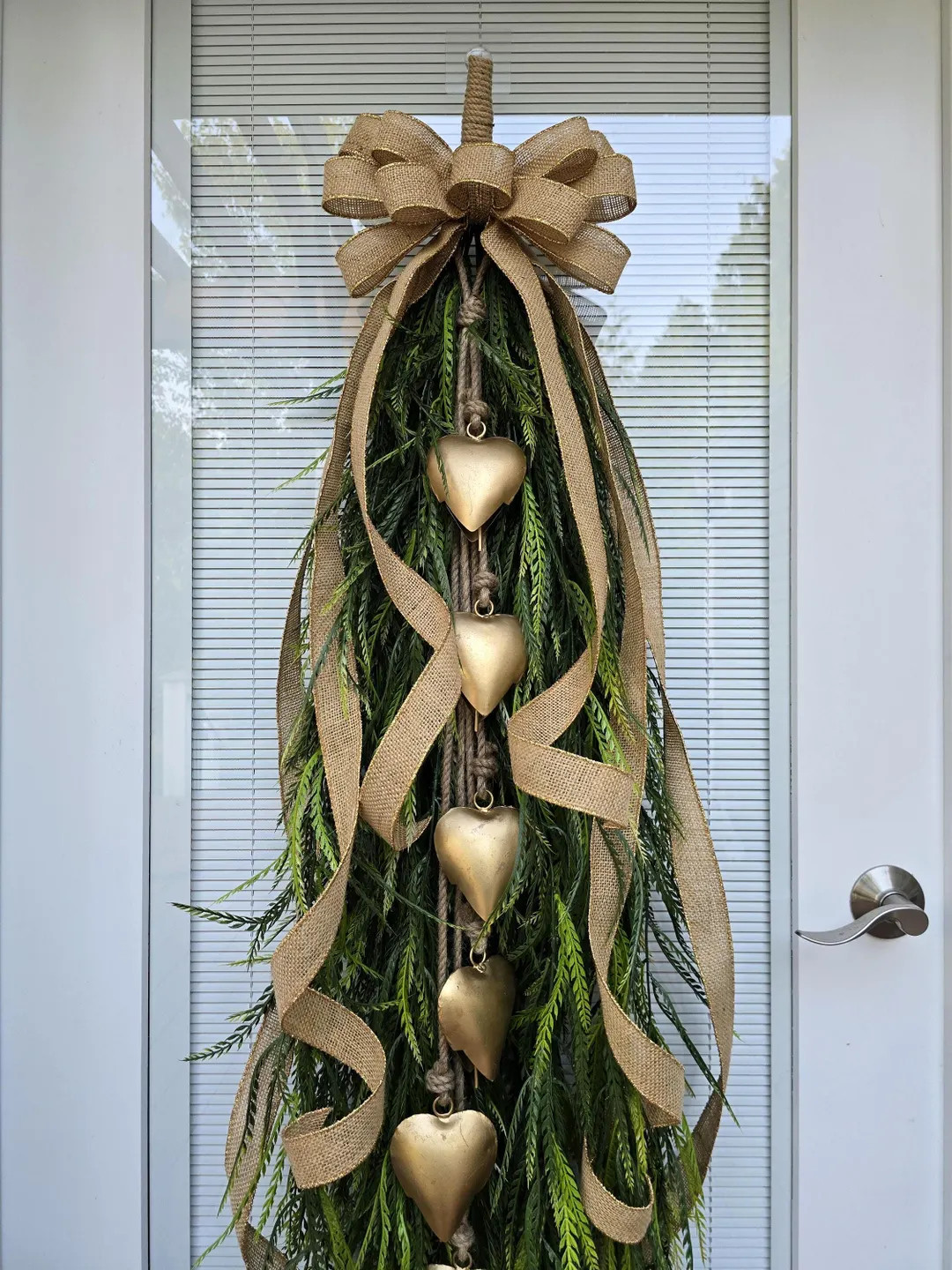 Rustic Greenery Front Door Wreath Swag With Gold Heart Bells Burlap Bow - Etsy | Etsy (US)