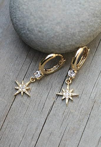 Starburst Gold huggies hoops, Cubic zirconia small Hoops earrings with cz diamond North Star char... | Amazon (US)