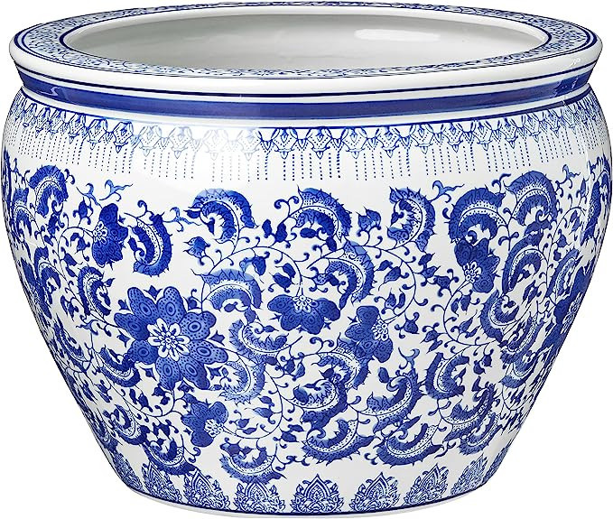 Oriental Furniture 16" Floral Blue & White Porcelain Fishbowl | Amazon (US)