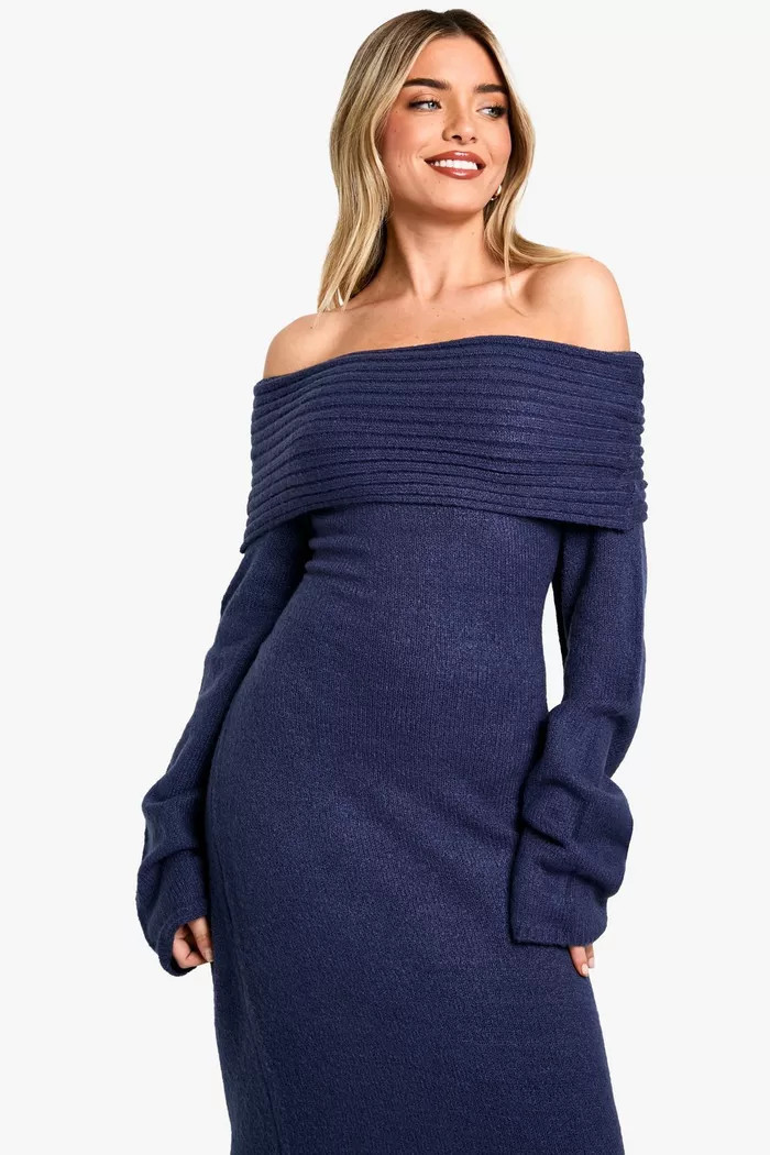 Premium Oversized Rib Off The Shoulder Neckline Soft Knit Sweater Dress | boohoo (US & Canada)