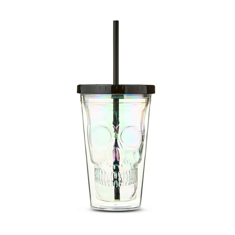 Halloween Iridescent Skull Plastic Double-Wall Tumbler with Straw, by Way To Celebrate | Walmart (US)