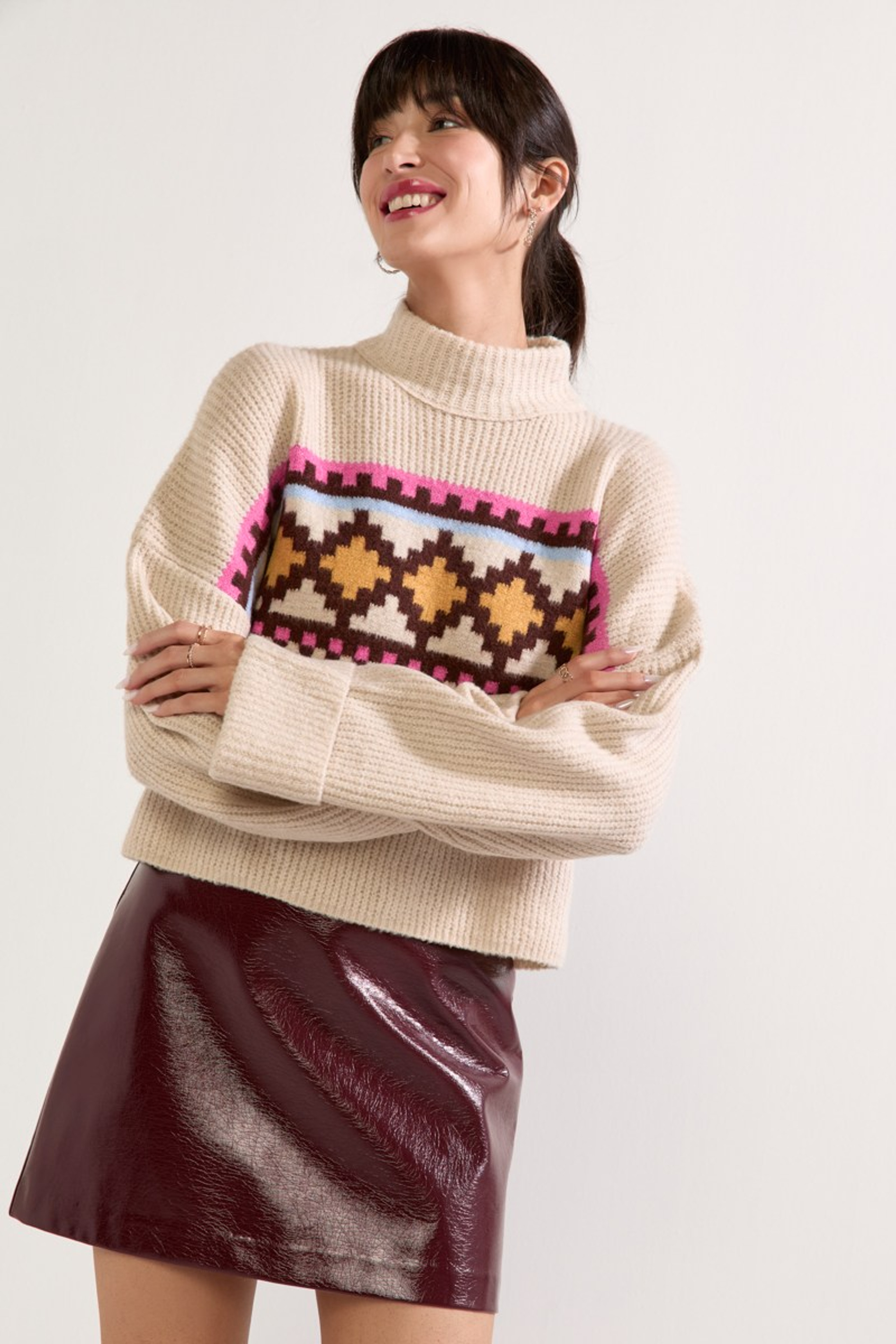 Emma Mock Neck Fairisle Front Sweater | Francesca's