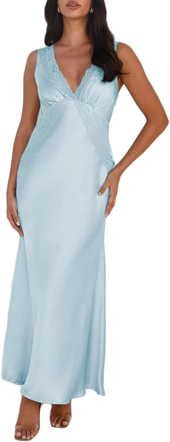 BAGONE Summer Satin Lace V Neck Backless Wedding Guest Maxi Dresses for Women Elegant Sleeveless ... | Amazon (US)