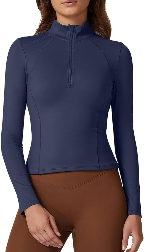 QINSEN Womens Half Zip Long Sleeve Shirts Double Lined Workout Tees Fitted Athletic Crop Tops | Amazon (US)