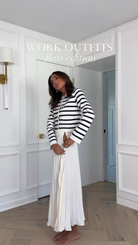 Summer workwear outfits with flats! Sizing below 👇🏽 

- striped cardigan: XS
- pleated skirt: 2
- knit dress: XS
- vest: 2
- black trousers: 26 long
- black bodysuit: XS
- white cropped pants: S (code NENAXSPANX to save)
- blue button down: S
- beige trousers: 26 long 
- belt: xs/s



Office outfit, business casual, sneakers for work, workwear with flats

#LTKStyleTip #LTKWorkwear #LTKSeasonal