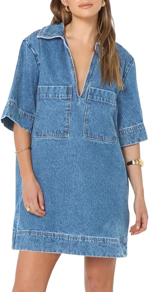 Fisoew Womens Denim Shirt Dress Summer Collared V Neck Mini Casual Jean Dresses with Pockets | Amazon (US)