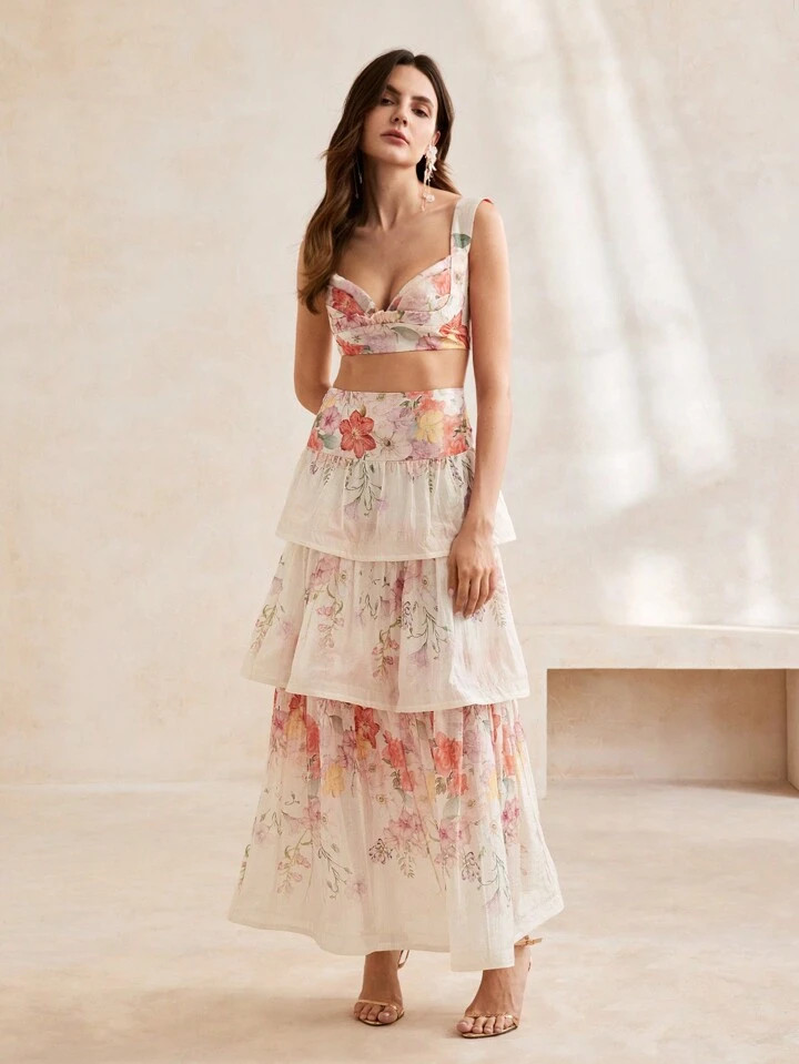 Anewsta Summer Romantic Flower Printed Crop Top And Cake Skirt Set | SHEIN