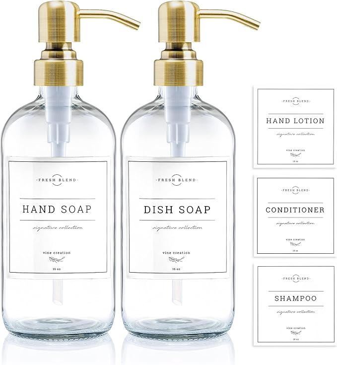 Vine Creations Clear Glass Soap Dispenser 2 Pack, Thick 16oz Bottles Rustproof Stainless Steel Pu... | Amazon (US)