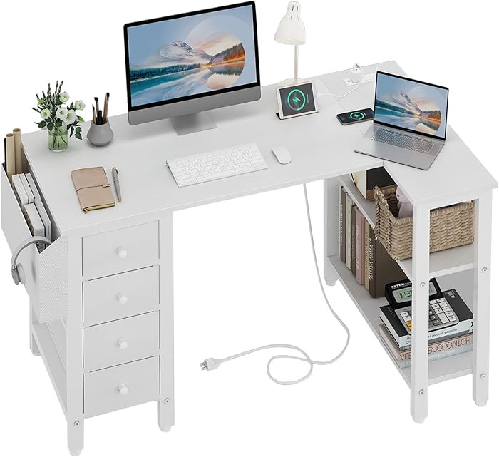 Lufeiya White L Shaped Computer Desk with Drawers & Storage Shelves, 47 Inch Corner Reversible De... | Amazon (US)