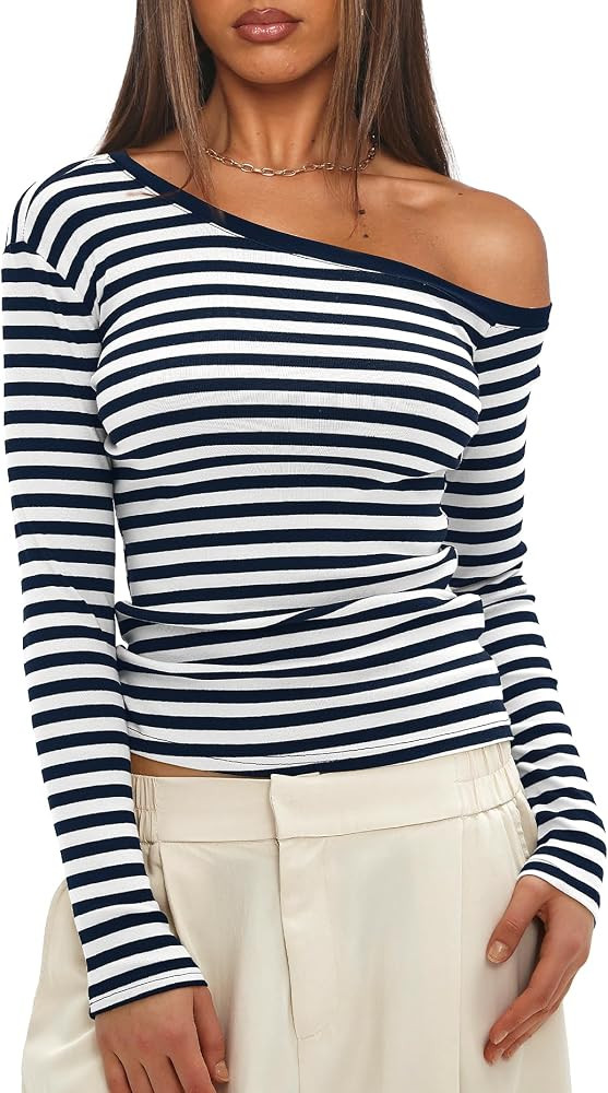 Darong Women Off The Shoulder Top Long Sleeve Shirts Tight Fitted Going Out Tops Tee Y2k Outfits | Amazon (US)