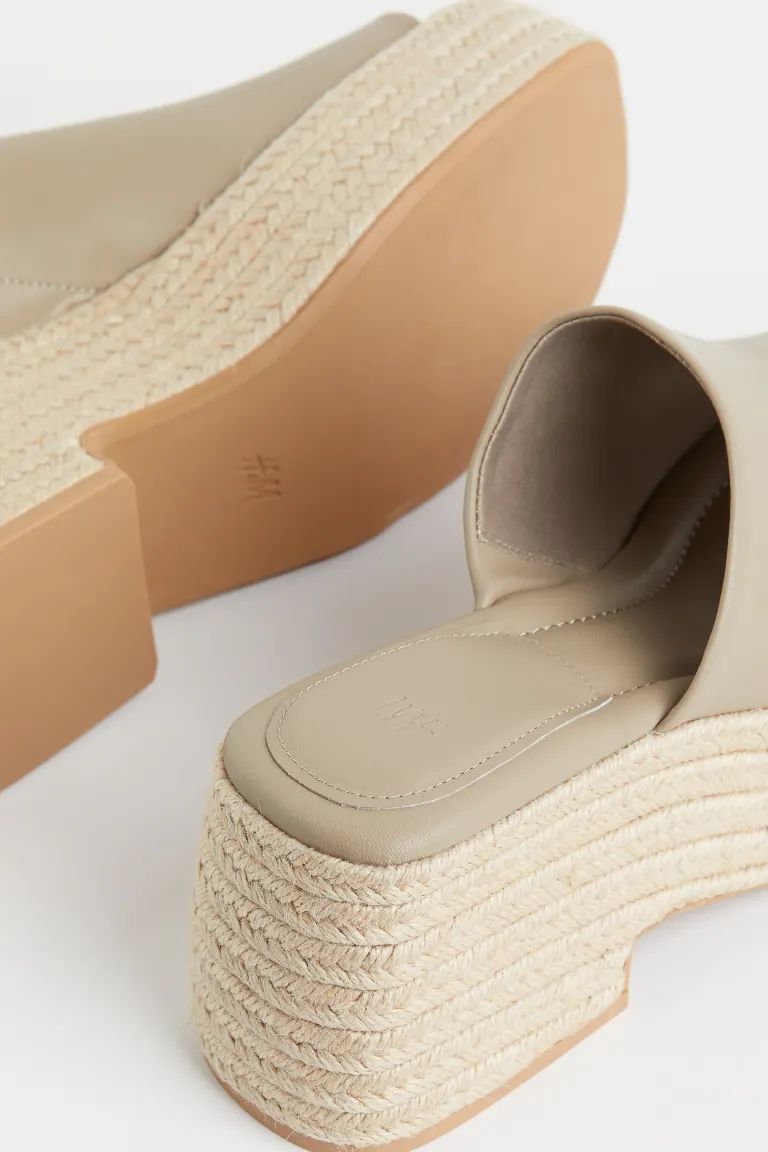 Espadrille mules in faux leather with open toes, platform soles, and block heels. Wide foot strap... | H&M (US + CA)