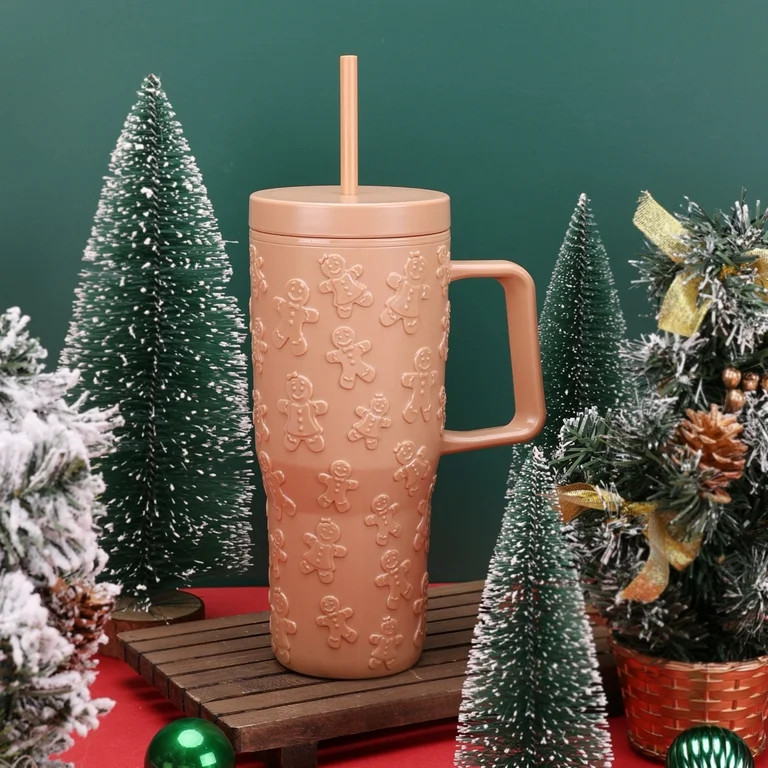 30 Ounce Tan Acrylic Double Wall Embossed Gingerbread Tumbler with Straw and Handle, by Holiday T... | Walmart (US)