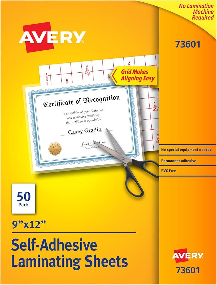 Avery 73601 Self-Adhesive Laminating Sheets, 9 x 12 Inch, Permanent Adhesive, 50 Clear Laminating... | Amazon (US)