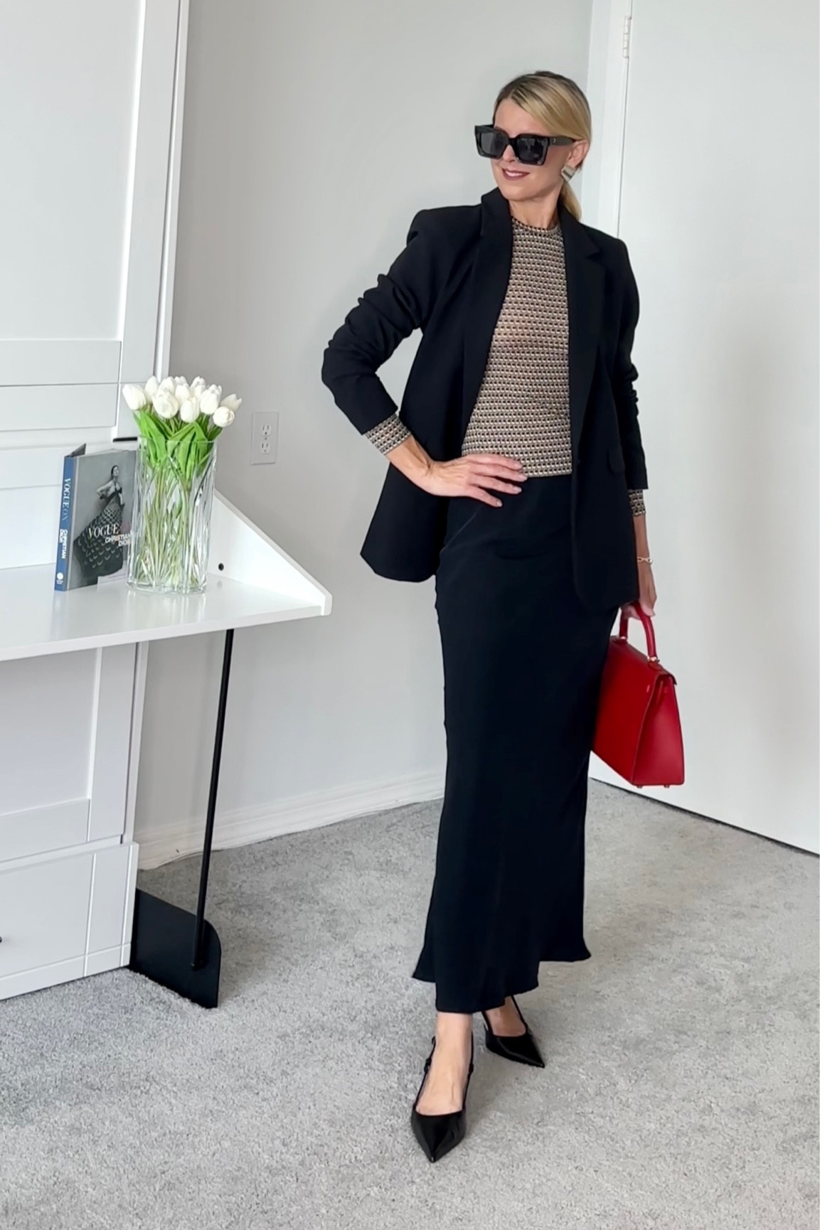 The silk Abercrombie skirt that I'm wearing is currently sold out and is replaced with the satin one.    True to size

Blazer true to size 

The COs shirt is a little sheer.   I'm wearing my true size but sizing up 1 size might be better if you are concerned with the sheerness.  It's really stretchy, I dint think sizing up would effect the fit.

#LTKover40 #LTKSeasonal #LTKworkwear