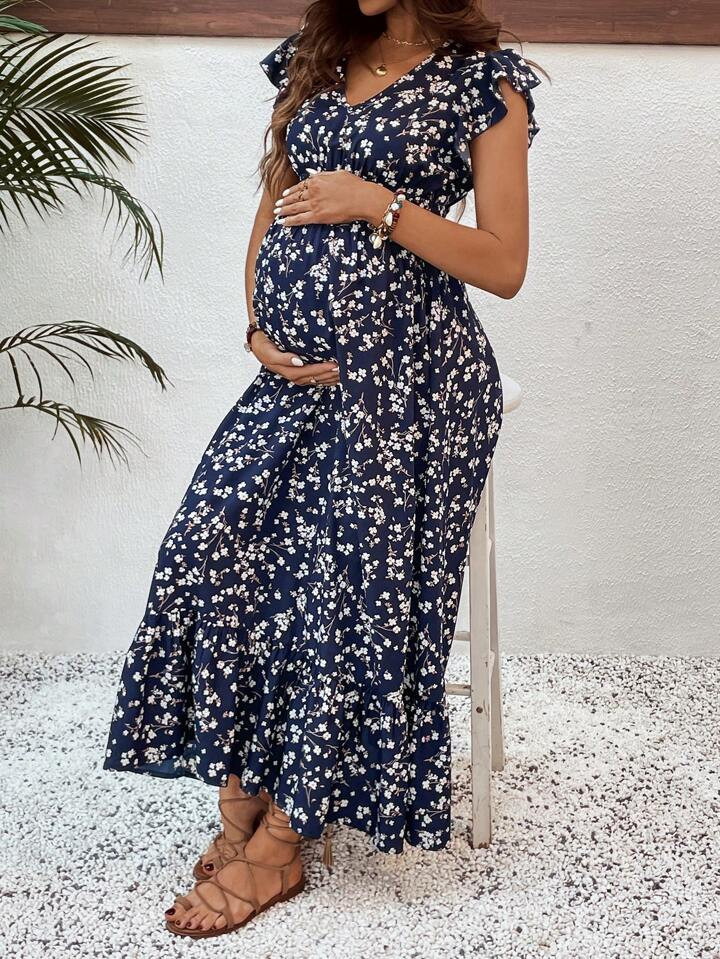 SHEIN Ditsy Floral V-Neck Dress With Flutter Sleeves For Maternity Vacation | SHEIN