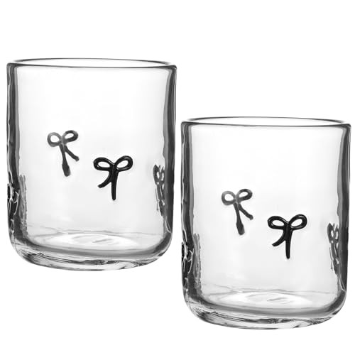 Skylety 2 Pack Bow Icon Juice Glass Coquette Bow Aesthetic Cup 14 ounce Double Old Fashioned Icon Handblown Cocktail Glass for Women Friend Party(Black) | Amazon (US)