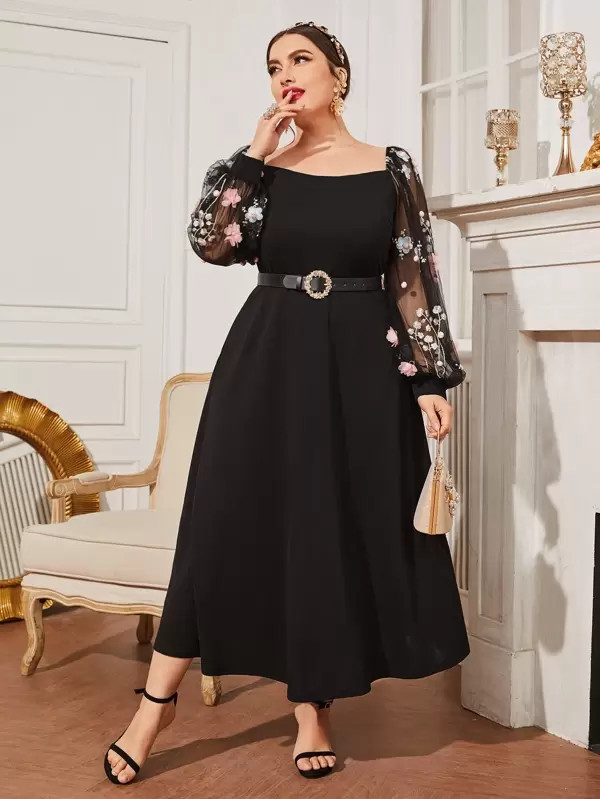 SHEIN Mulvari Plus Floral Embroidered Applique Mesh Bishop Sleeve Dress Without Belt | SHEIN
