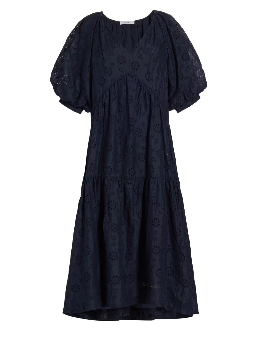 Frame Eyelet Puff-Sleeve Midi-Dress | Saks Fifth Avenue