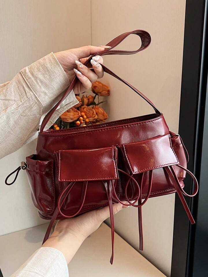 Gothic Ballet Girl Red Shoulder Bag, Handbag With Bow, Ruched Drawstring, Edgy Post-Apocalyptic Style Crossbody Bag For Parties And Travel | SHEIN