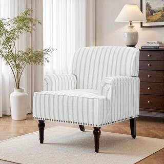 Modern Pinstripe Light Blue Linen Fabric Upholstered Accent Armchair with Wooden Legs(Set of 1) | The Home Depot