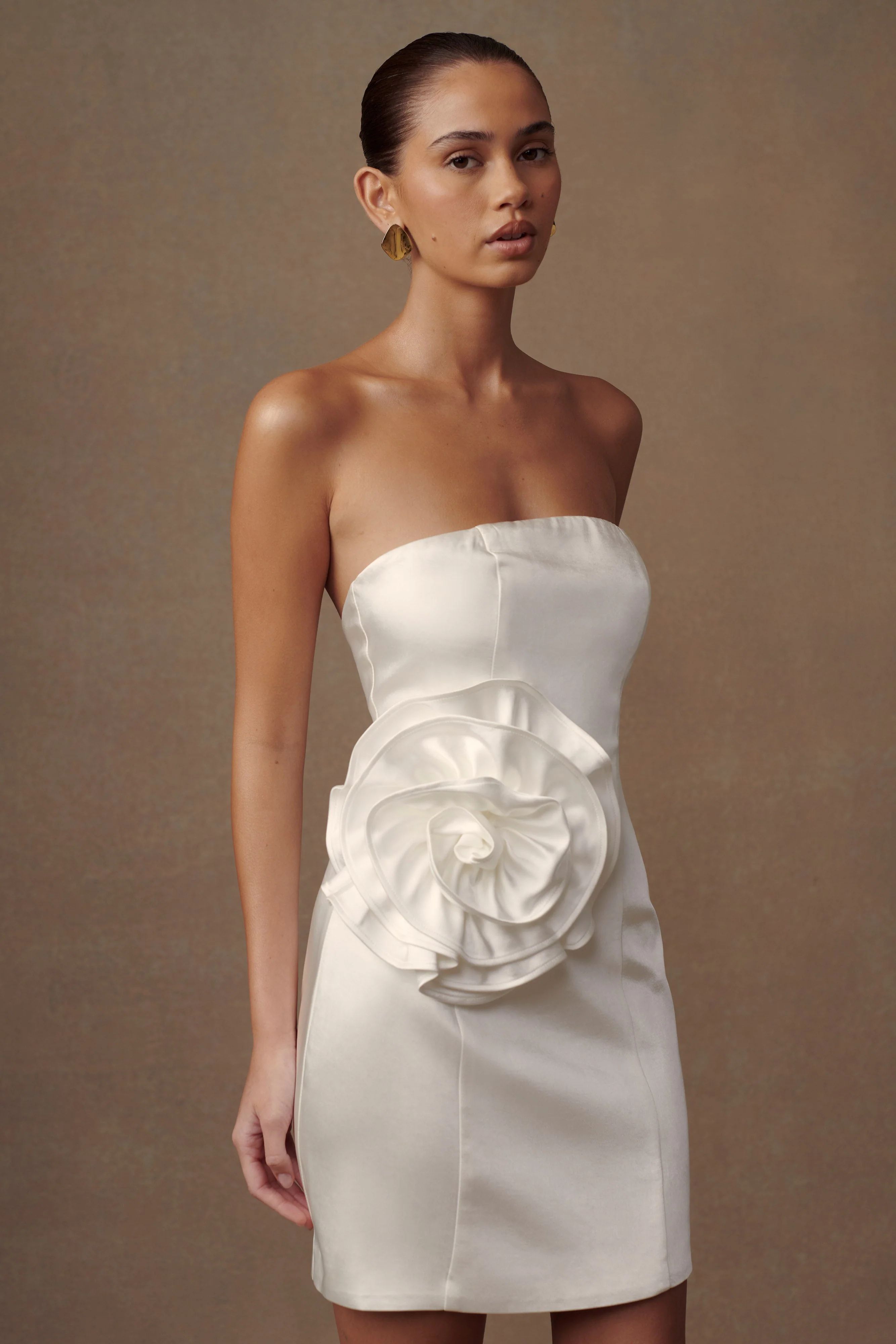 Bernadette Strapless Rose Mini Dress - White | MESHKI US