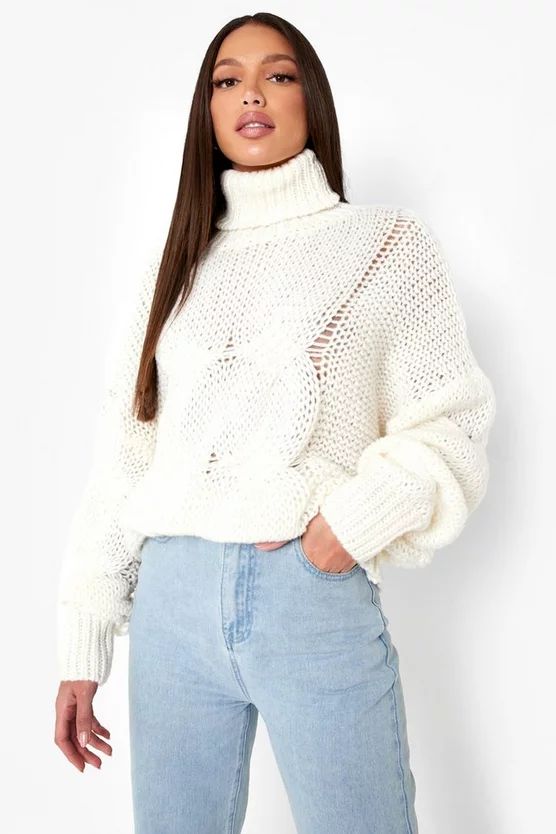 Tall Roll Neck Large Cable Knit Jumper | Boohoo.com (UK & IE)