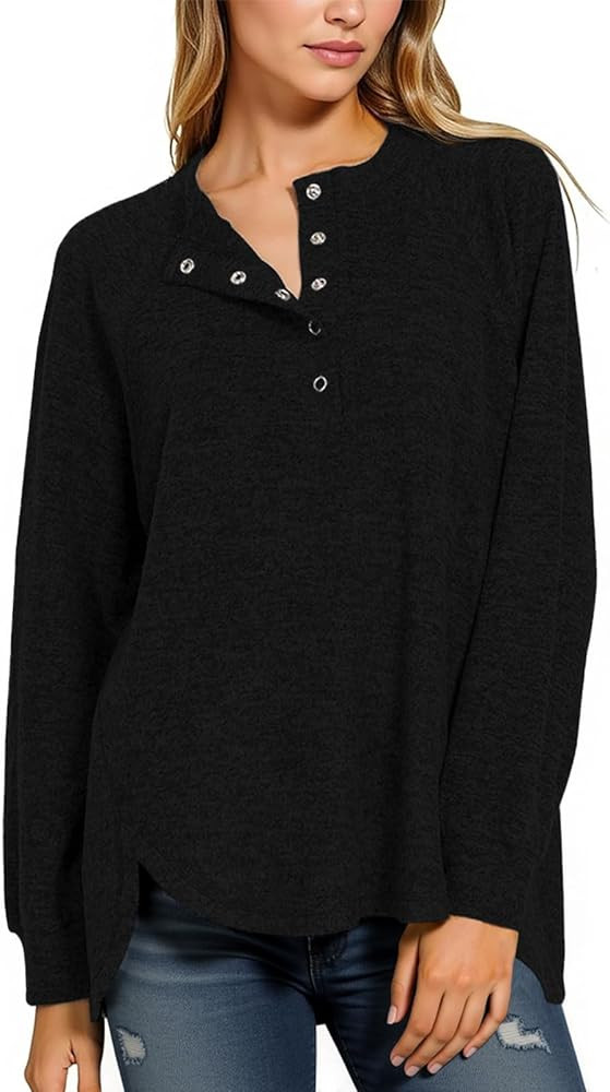 Tankaneo Womens Long Sleeve Henley Shirts Oversized Round Neck Sweatshirts Fall Tunic Tops Casual... | Amazon (US)