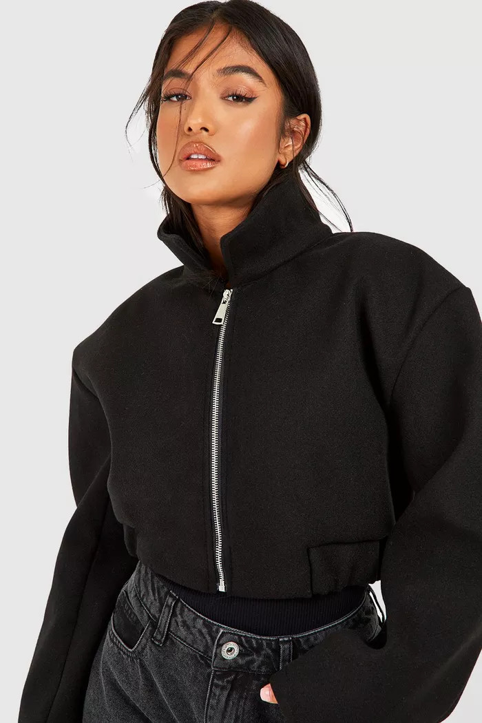 Petite Wool Look Cropped Zip Up Jacket | Boohoo.com (UK & IE)