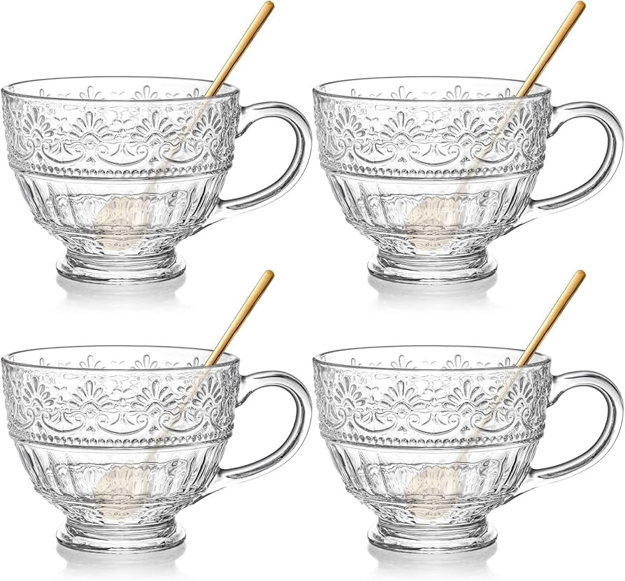 AVLA 4 Pack Glass Coffee Mugs, 16 OZ Clear Tea Cups with Handle and Spoons, Crystal Drinking Glas... | Amazon (US)