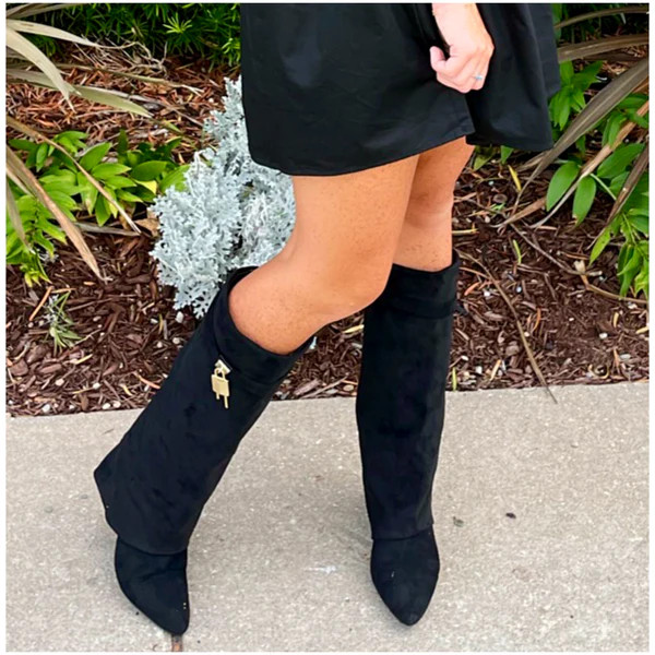 Black Suede 3” Hidden Wedge Heel Piper Boots with Gold Buckle Detail | James Ascher